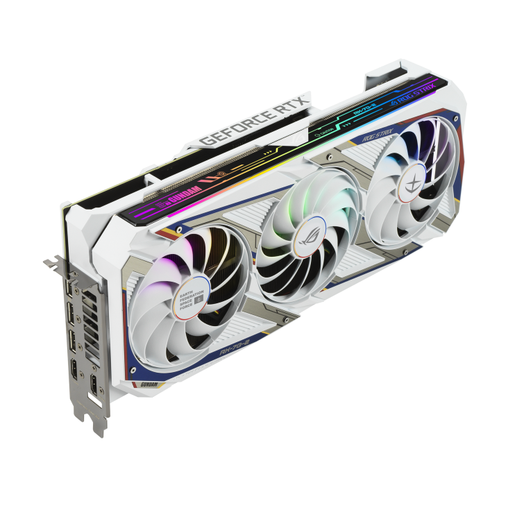 ROG-STRIX-GeForce-RTX-3080-GUNDAM-EDITION graphics card, angled top down view, highlighting the fans, ARGB element, and I/O ports