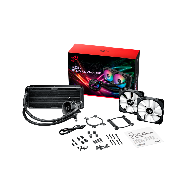 ROG STRIX LC 240 RGB front view with what’s in the box