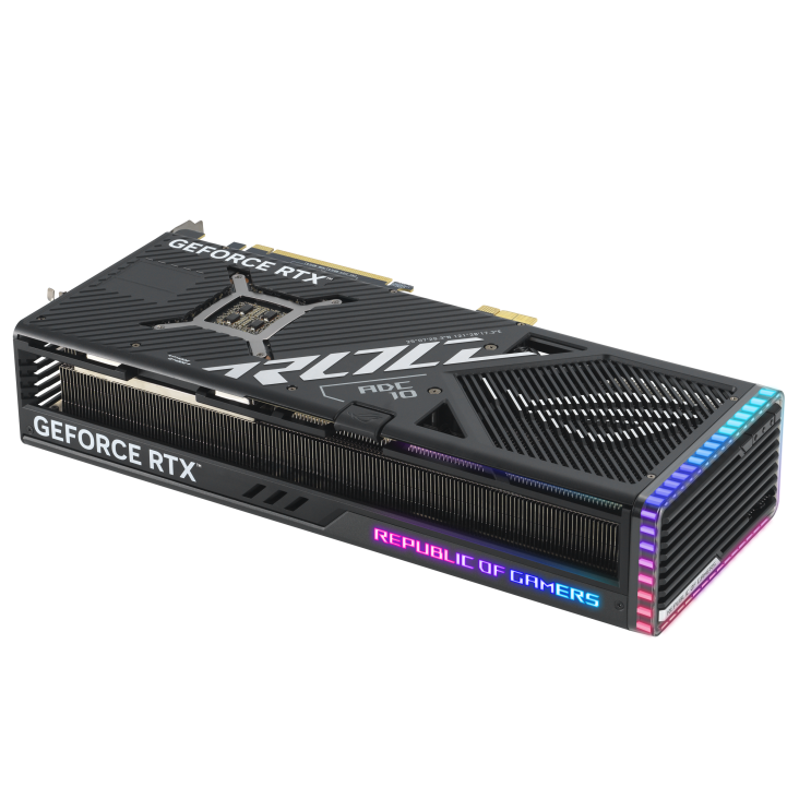 ROG Strix GeForce RTX 4090 BTF graphics card, rear angled view