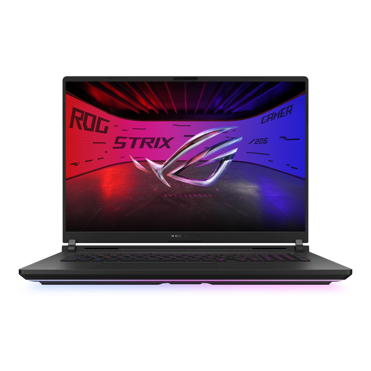 Front view of the Strix SCAR 18, with the ROG Fearless Eye logo visible on screen and the keyboard visible