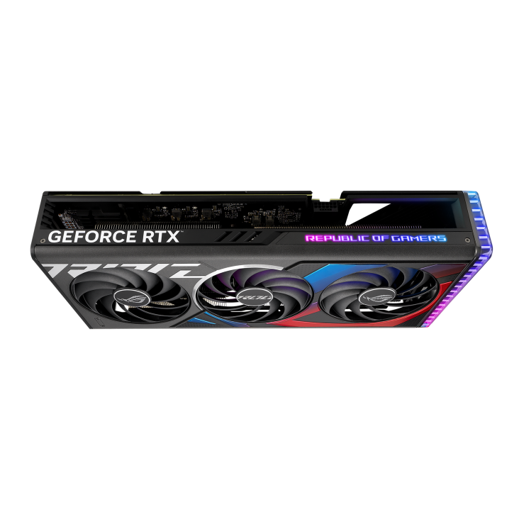Angled top view of the ROG Strix GeForce RTX 4070Ti SUPER graphics card showing off the ARGB element and 3.15-slot design
