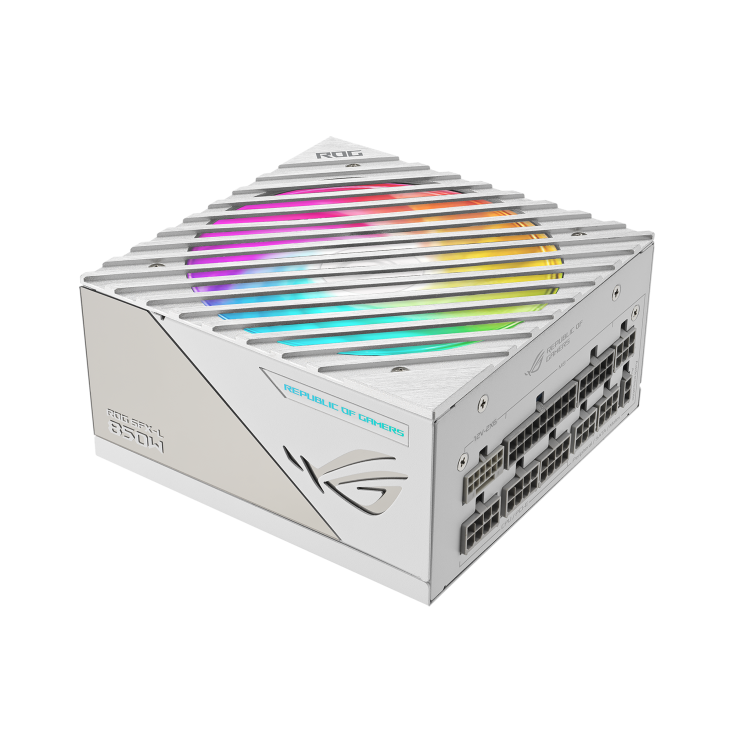 Front side angle of ROG Loki SFX-L 850W Platinum White Edition with rainbow lighting effect