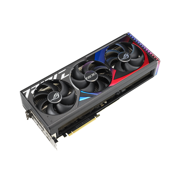 Front-angled-view-of-the-ROG-Strix-GeForce-RTX4080-SUPER-graphics-card
