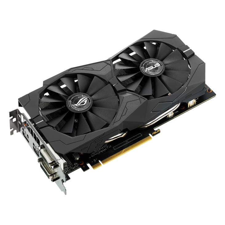 ROG-STRIX-GTX1050TI-4G-GAMING graphics card, front angled view