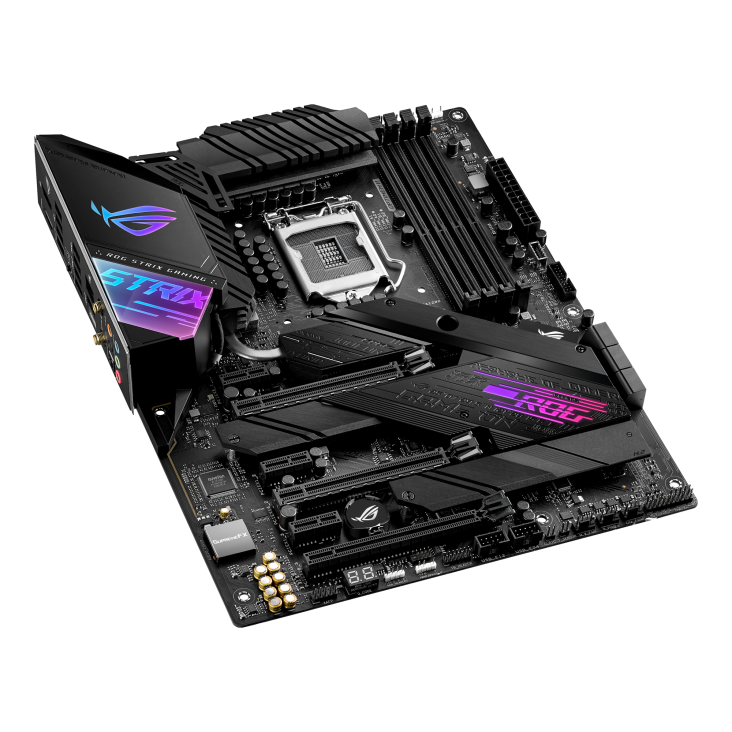 ROG STRIX Z490-E GAMING top and angled view from left