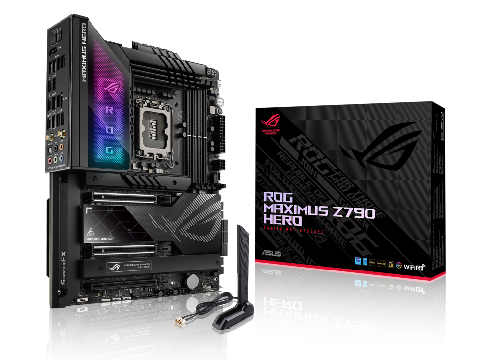 ROG MAXIMUS Z790 HERO angled view from left with the box