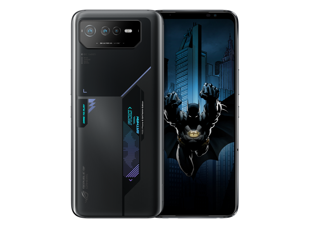 Two ROG Phone 6 BATMAN Edition angled view from both front and back