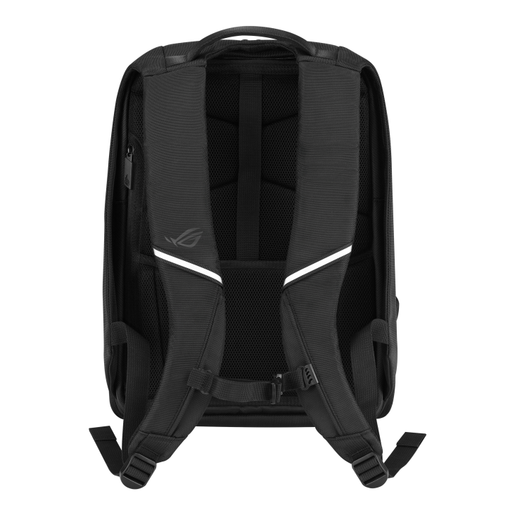 ROG Ranger Gaming Backpack 16_The backside of the ROG Ranger Gaming Backpack 16 with backrest and reflective straps visible