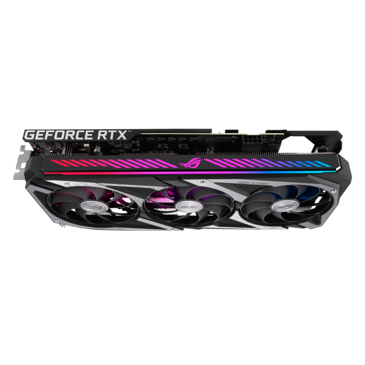 ROG Strix GeForce RTX™ 3050 graphics card, angled top view, showing off the ARGB element