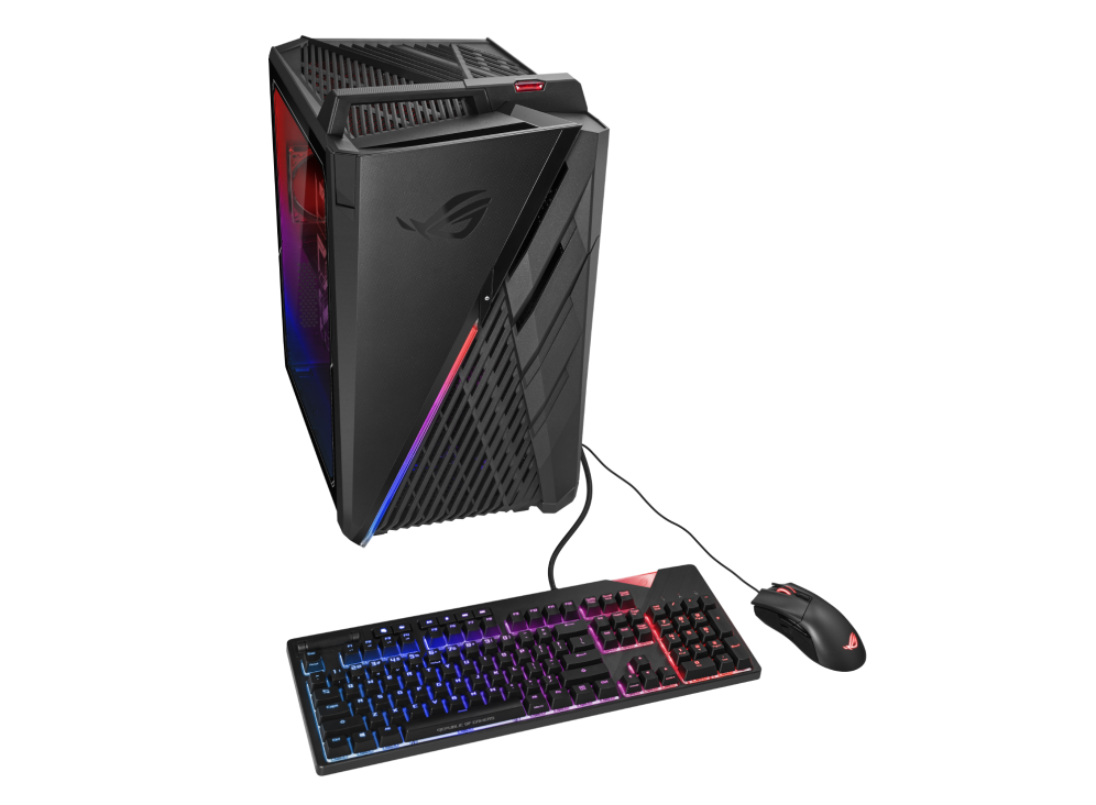 The ROG Strix G35CA with ROG keyboard and mouse.