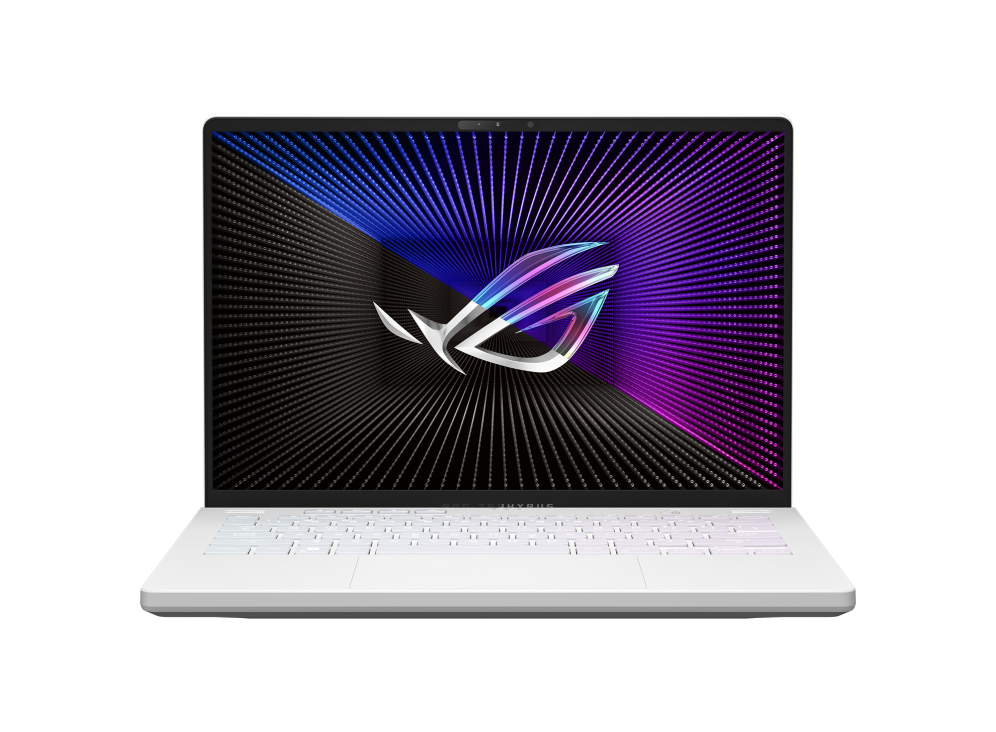 Front view of a white Zephyrus G14, with the ROG logo on screen.