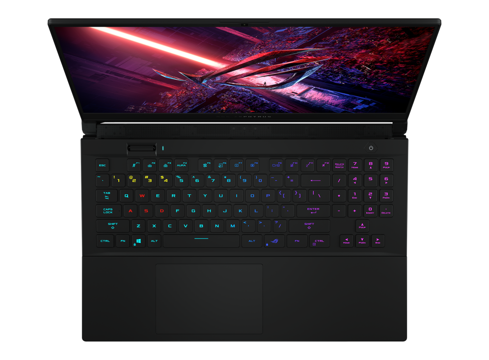 Top down view of a Zephyrus S17 with ROG logo on screen and keyboard illuminated.