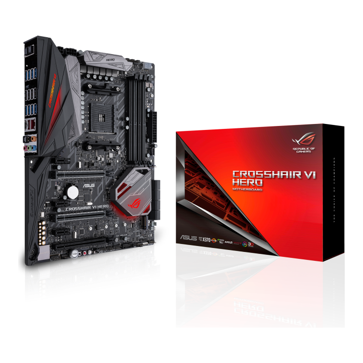 ROG CROSSHAIR VI HERO angled view from left with the box