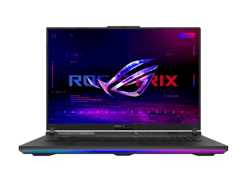 Strix SCAR 18_Front view of the Strix SCAR 18, with the ROG Fearless Eye logo visible on screen and the keyboard visible