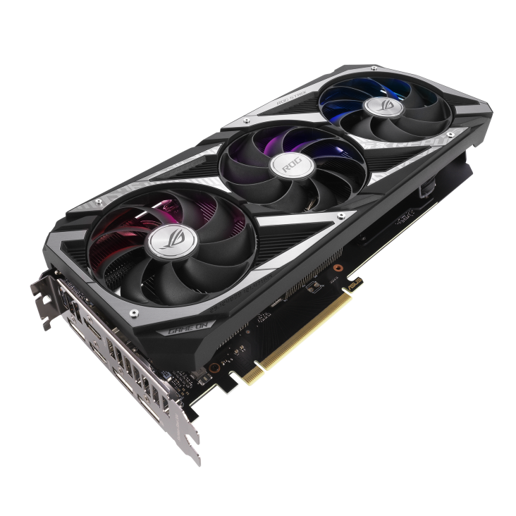 ROG-STRIX-RTX3060-O12G-GAMING graphics card, highlighting the axial-tech fans and ARGB element