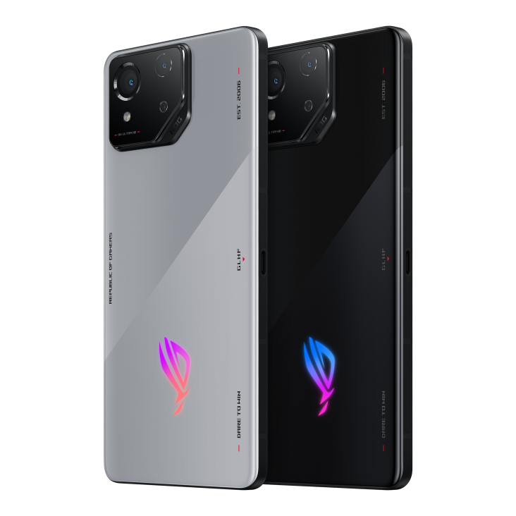 Two ROG Phone 8 in both Phantom Black and Rebel Grey angled view from back, tilting at 45 degrees