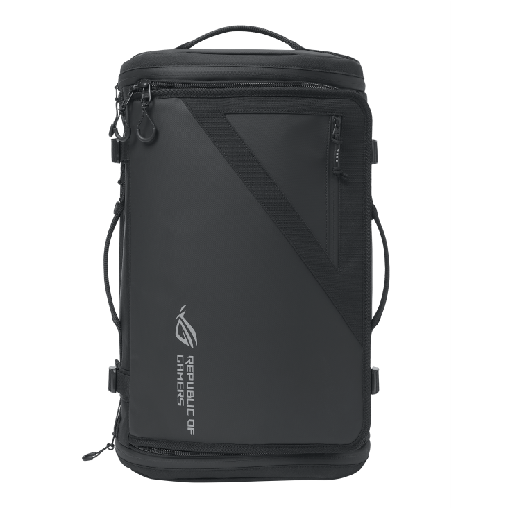 The ROG Archer Weekender 17 sitting by itself, with emphasis on the ROG logo and slash design