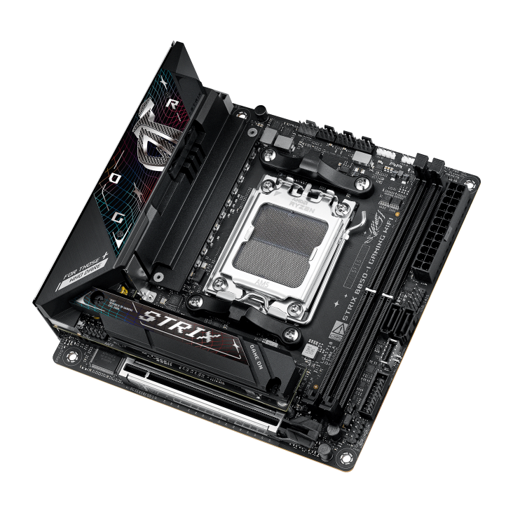 ROG STRIX B850-I GAMING WIFI top view, angled 45 degrees to the right