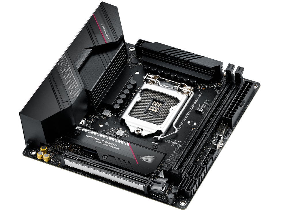 ROG STRIX B560-I GAMING WIFI top and angled view from right
