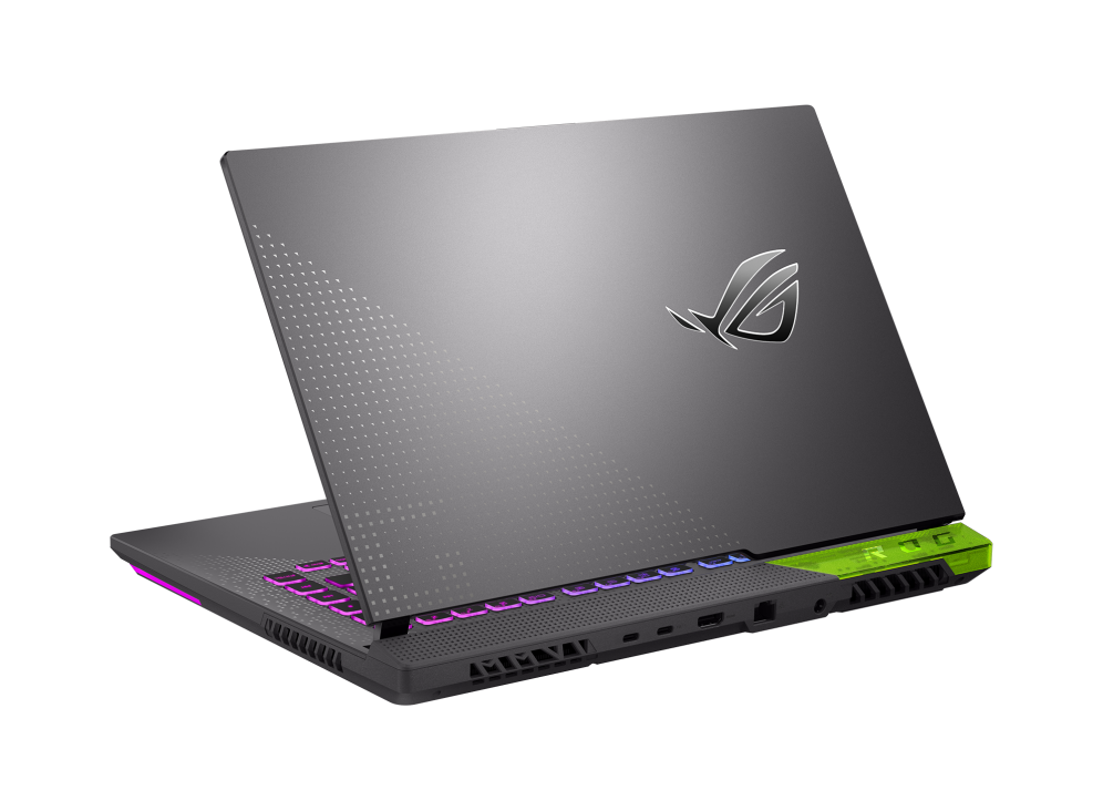 Off center rear view of the Strix G15, with emphasis on the ROG styling and Armor Cap.