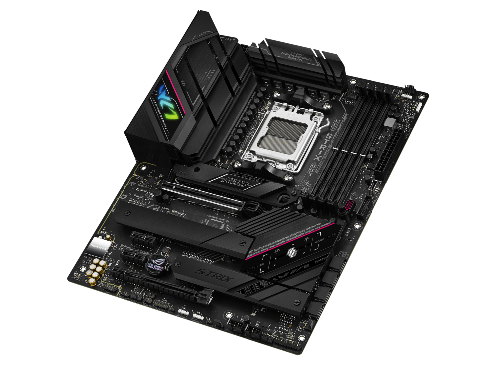 ROG STRIX B650E-F GAMING WIFI top and angled view from right