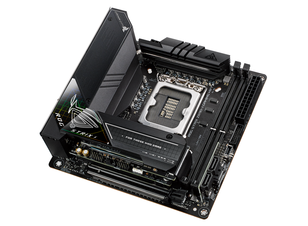 ROG STRIX Z690-I GAMING WIFI top and angled view from right