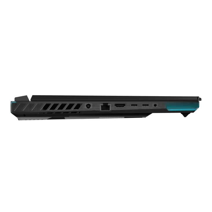 Profile view of the left side of the Strix SCAR 16, with DC power, HDMI, ethernet, two USB C ports, and a headphone jack visible