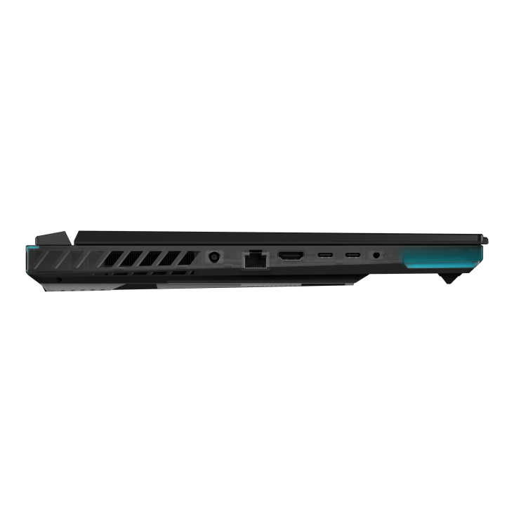 Strix SCAR 16左側的側視圖，可見DC電源、HDMI、以太網、兩個USB C端口和一個耳機插孔