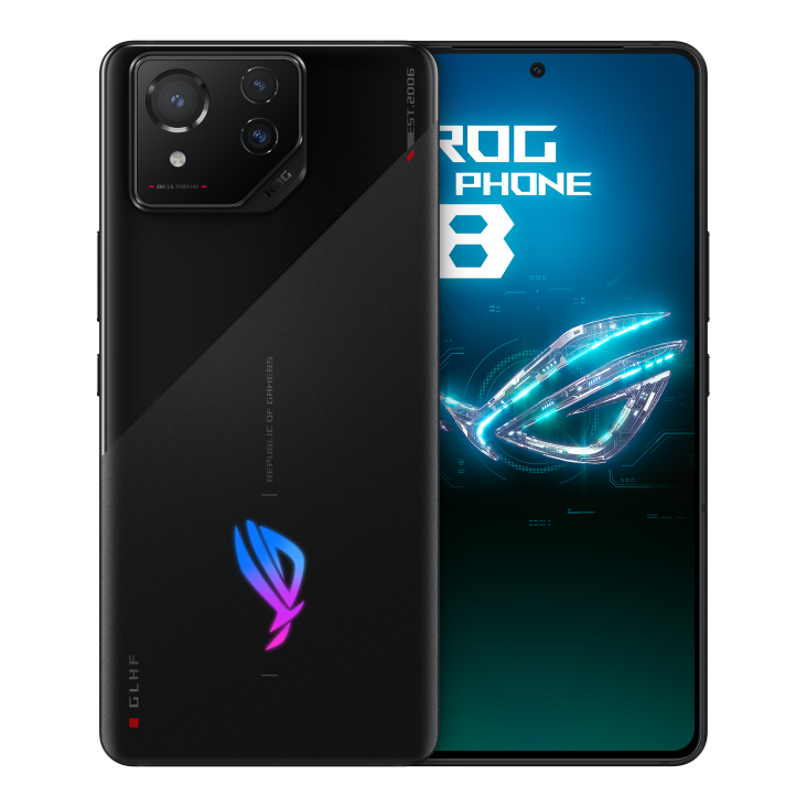 Two ROG Phone 8 in Phantom Black angled view from both front and back