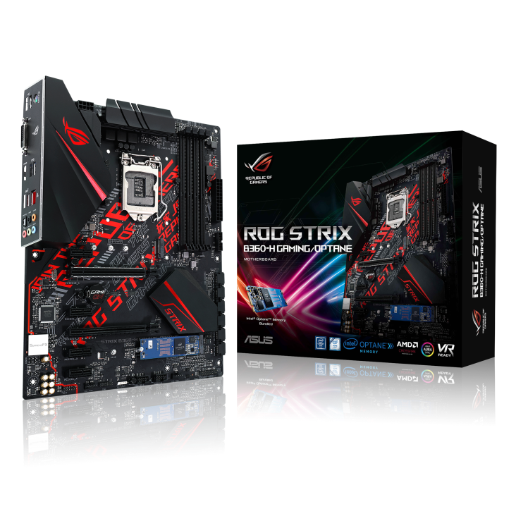 ROG STRIX B360-G GAMING angled view from left with the box