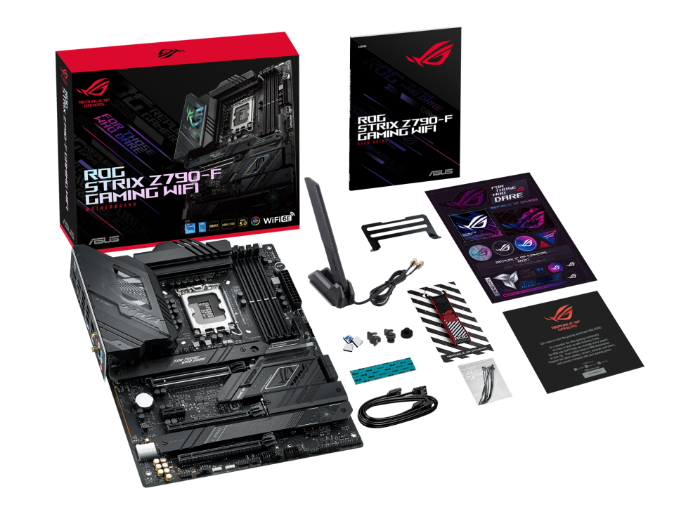 ROG STRIX Z790-F GAMING WIFI top view with what’s inside the box