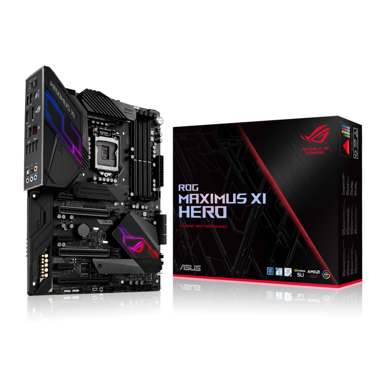 ROG MAXIMUS XI HERO angled view from left with the box