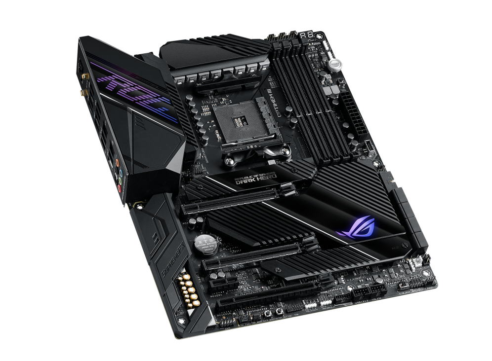 ROG Crosshair VIII Dark Hero top and angled view from left