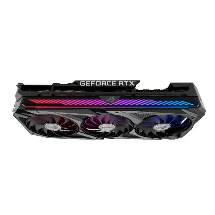 ROG-STRIX-RTX3080-O10G-V2-GAMING graphics card, angled top view, showing off the ARGB element