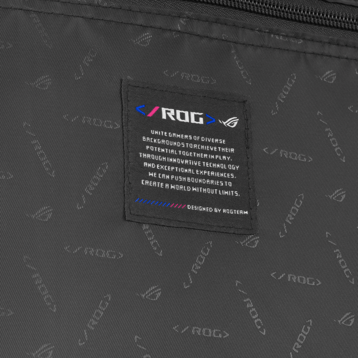Extreme close-up of ROG mission statement and stitching inside the SLASH Hardcase Luggage