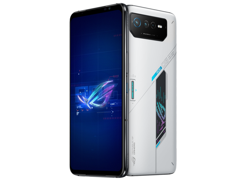 Two ROG Phone 6 in Storm White angled view from both front and back, tilting at 45 degrees