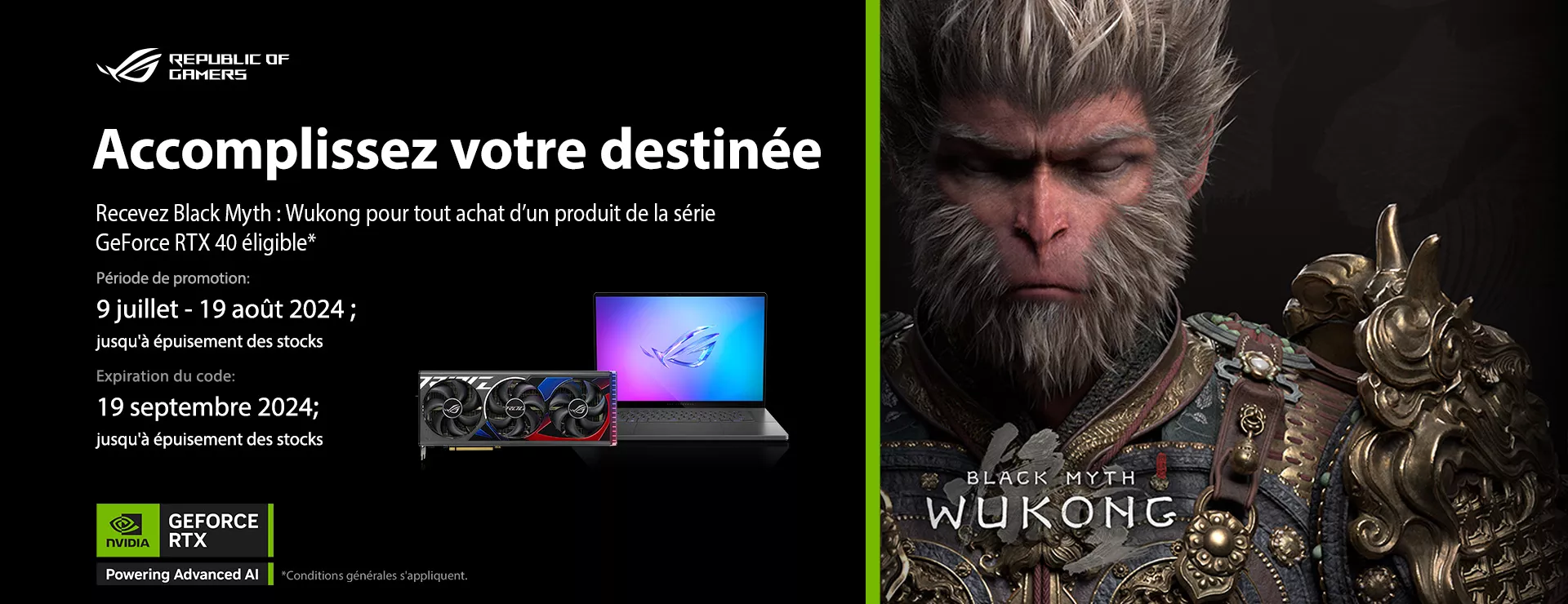 Nvidia GeForce RTX 40 Series with Black Myth: Wukong game offer, featuring gaming laptop and graphics card images, with offer dates from July to September 2024.
