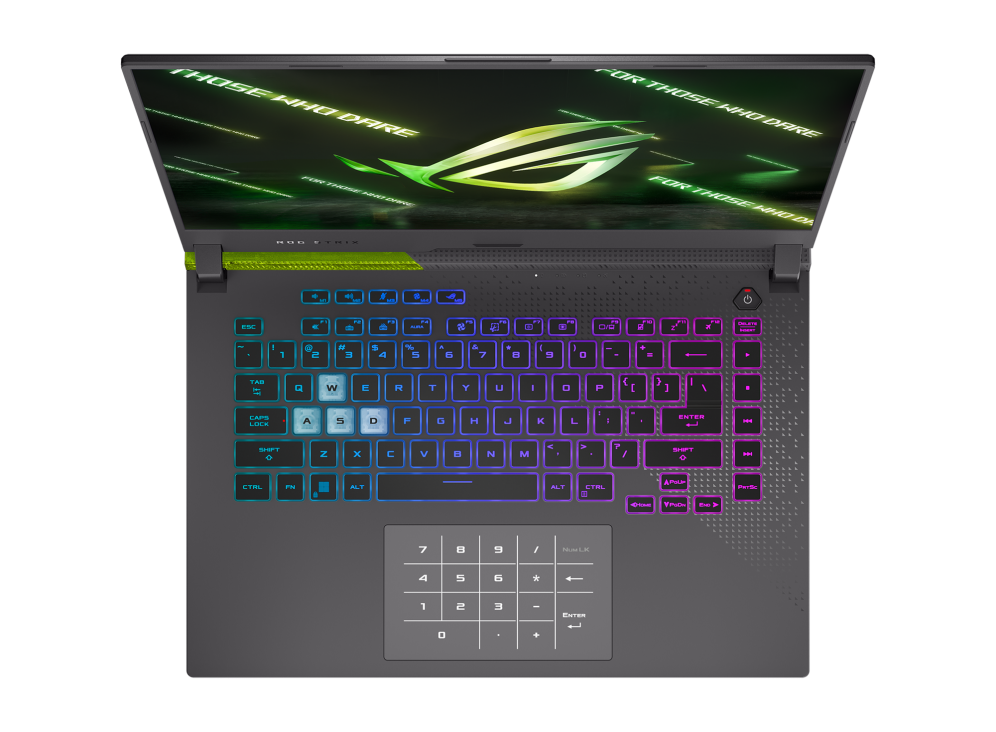Top dow view of Volt Green Strix G15, highlighting different RGB for WASD keys.
