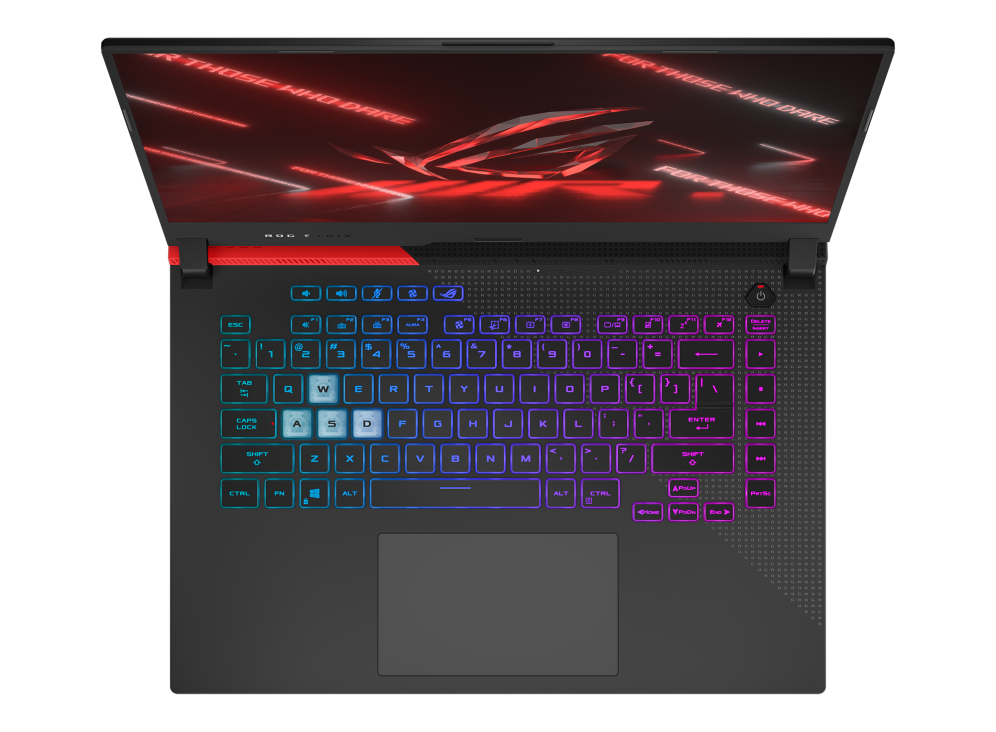 Top down view of the ROG Strix G15 Advantage Edition, with a red ROG logo and illuminated keyboard.