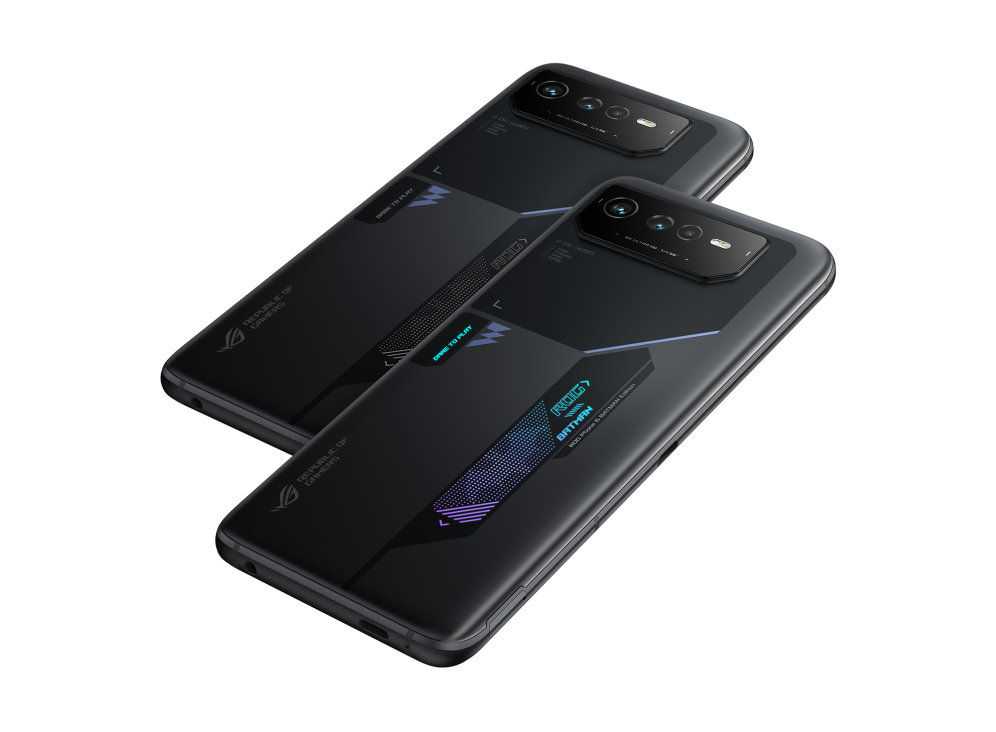 Two ROG Phone 6 BATMAN Edition angled view from both back