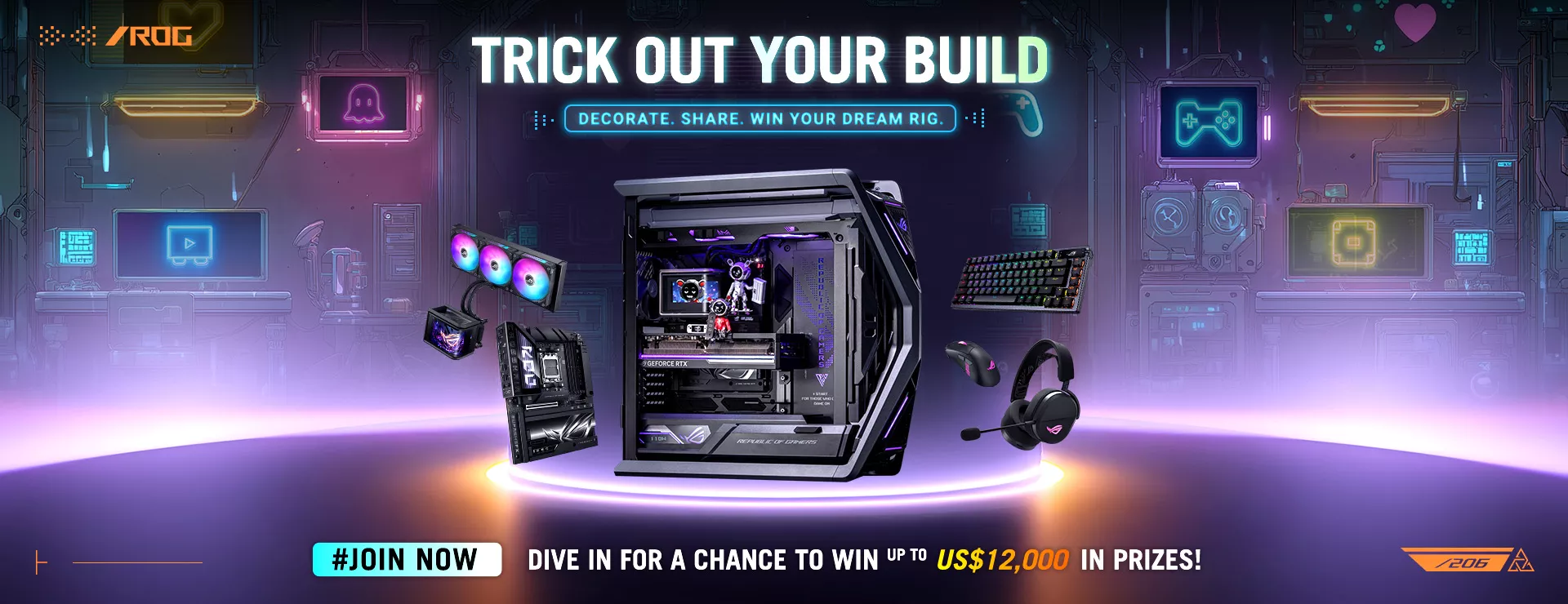 ASUS ROG Trick Out Your Build giveaway banner showing a custom gaming PC build with ROG components, including motherboard, AIO cooler, chassis, graphics card, keyboard, mouse, and headset.