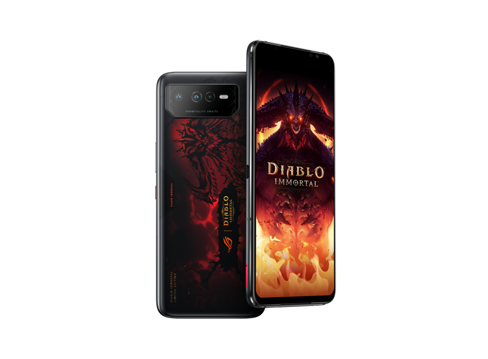 6 Diablo Immortal Edition in hellfire red angled view from front and the other Diablo Immortal Edition in hellfire red angled view from back, tilting at 45 degrees​