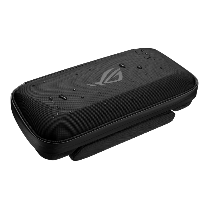 A black, rectangular ROG-branded carrying case with water droplets on the surface, showing it is water-resistant