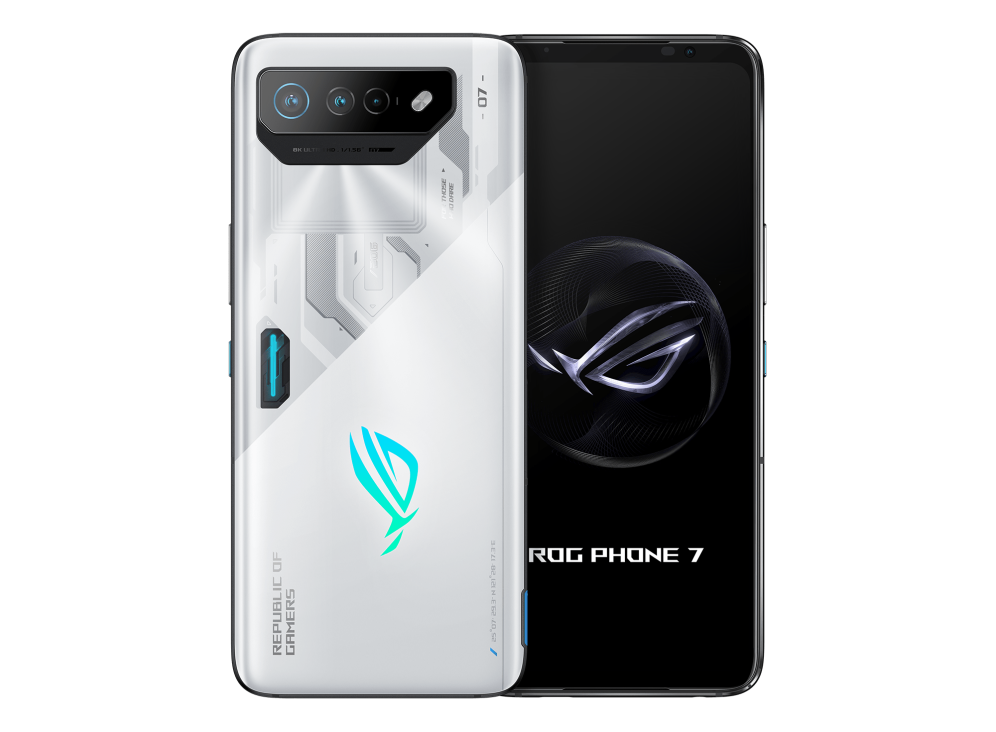 Two ROG Phone 7 in Storm White angled view from both front and back