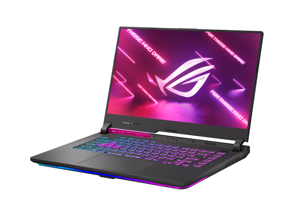 Off center front view of the Strix G15, with ROG logo on screen and RGB illuminated.