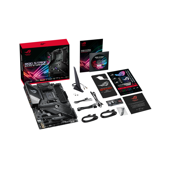 ROG Strix X570-E Gaming top view with what’s inside the box