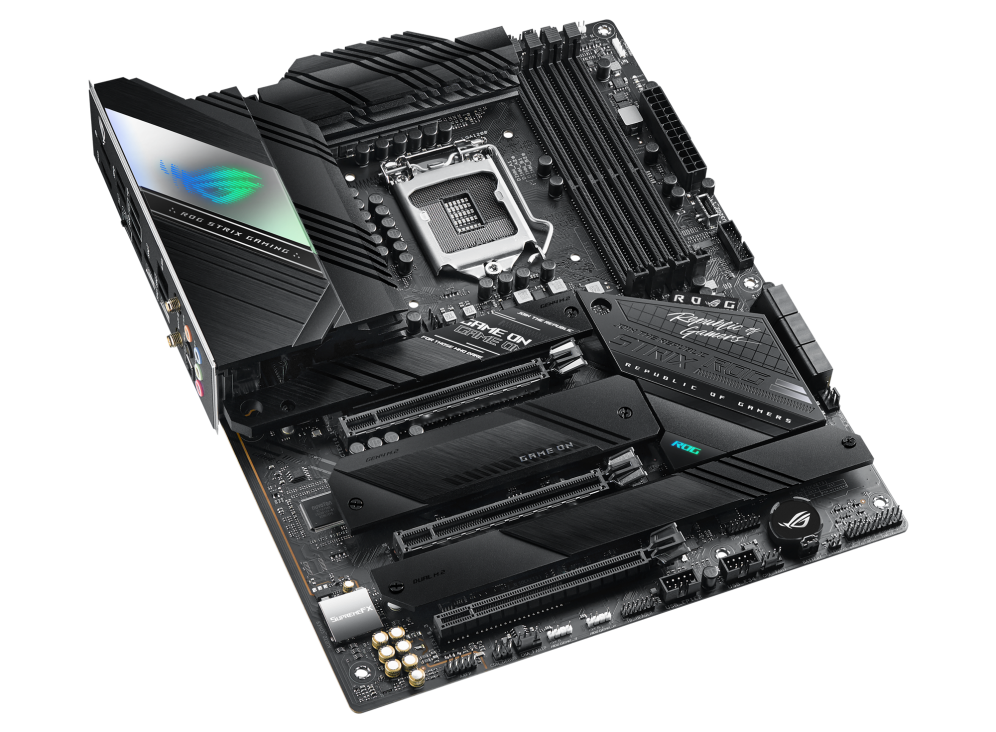 ROG STRIX Z590-F GAMING WIFI top and angled view from left