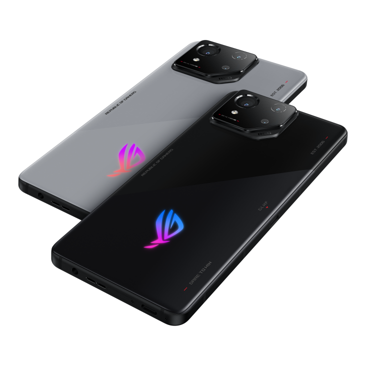 Two ROG Phone 8 in both Phantom Black and Rebel Grey angled view from back