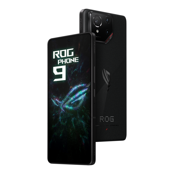 Two ROG Phone 9 Phantom Black angled view from both front and back, tilting at 45 degrees.