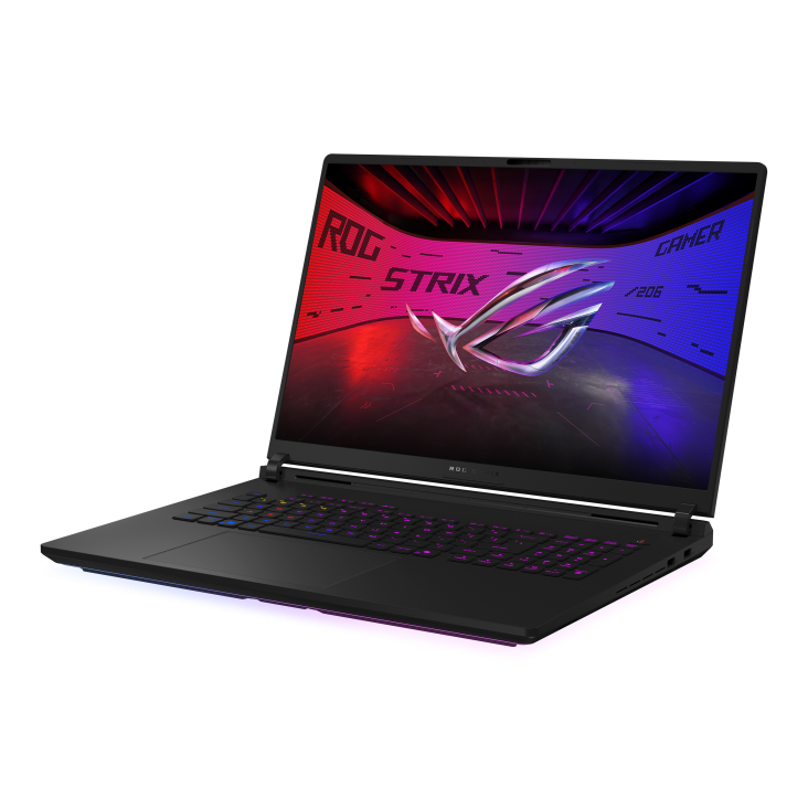 Off center shot of the front of the Strix SCAR 18, with the ROG Fearless Eye logo on screen